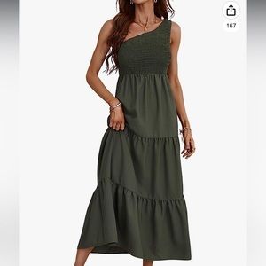 CUPSHE One Shoulder Flowy Swing Tiered Smocked Fitted Sleeveless Maxi Dress